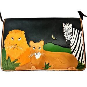 Diane Weiss NYC Hand-Tooled Hand-Painted Leather Crossbody Safari Scene Vintage